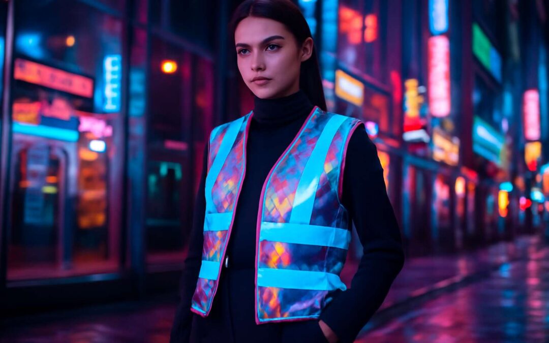 Bold streetwear meets safety with reflective vest fashion for trendsetters.